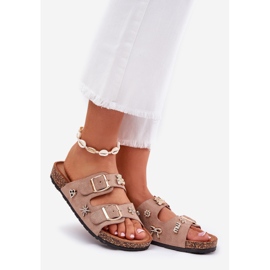 Infrasoli da donna su una suola di sughero con fibbie e spille kaki beige 1