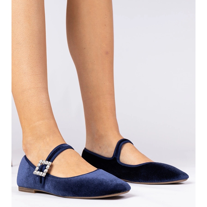 Ballerina da velluto femminile blu scuro con fibbia 1