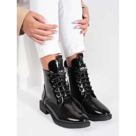 Stivaletti stringati da donna neri realizzati in pelle ecologica verniciata nero 1