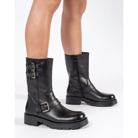 Stivaletti da donna in pelle nera con plateau decorati con strisce Sergio Leone nero 2