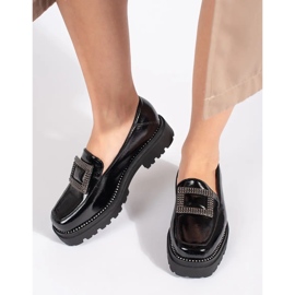 Goodin Mocassini da donna neri con plateau decorati con fibbia e strass nero 1
