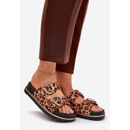 Pantofole da donna con stampa leopardata sulla piattaforma con morsetti dorati marroni marrone 1