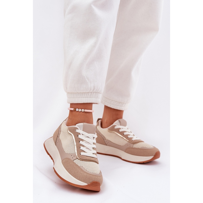 Scarpe sportive femminili con una mesh sulla piattaforma kaki beige 2