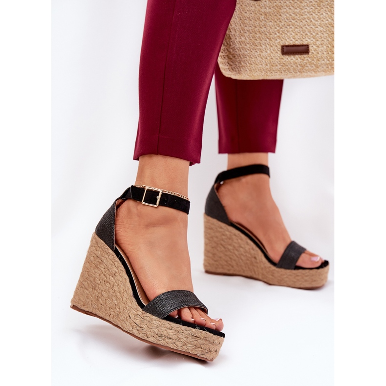 Sandali da donna per cuneo con treccia nera nero 2