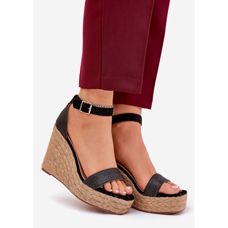 Sandali da donna per cuneo con treccia nera nero 1