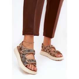 Sandali materiali a motivi femminili con dettagli dorati kaki beige 2
