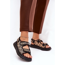 Sandali materiali a motivi femminili con dettagli dorati beige-nero 2