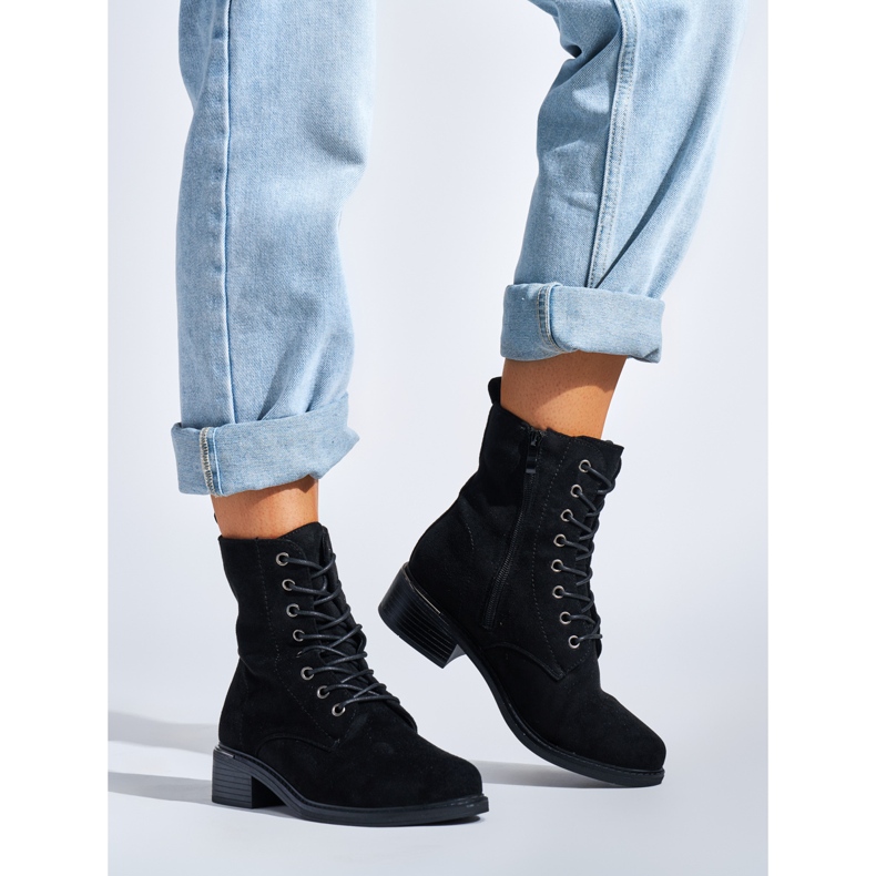Stivaletti stringati da donna neri con tacco basso nero 2