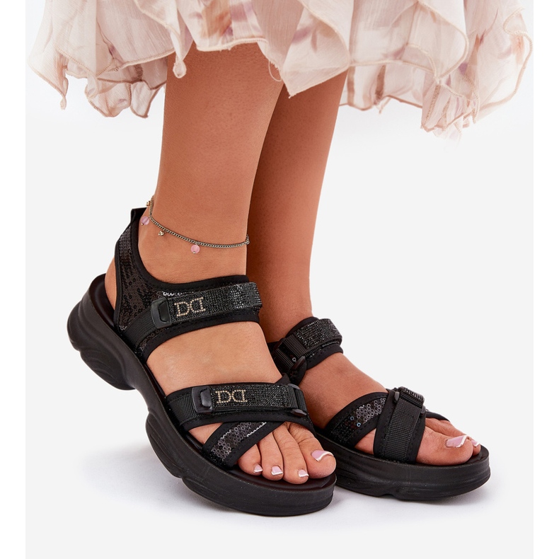 Sandali femminili con paillettes di velcro nero 2