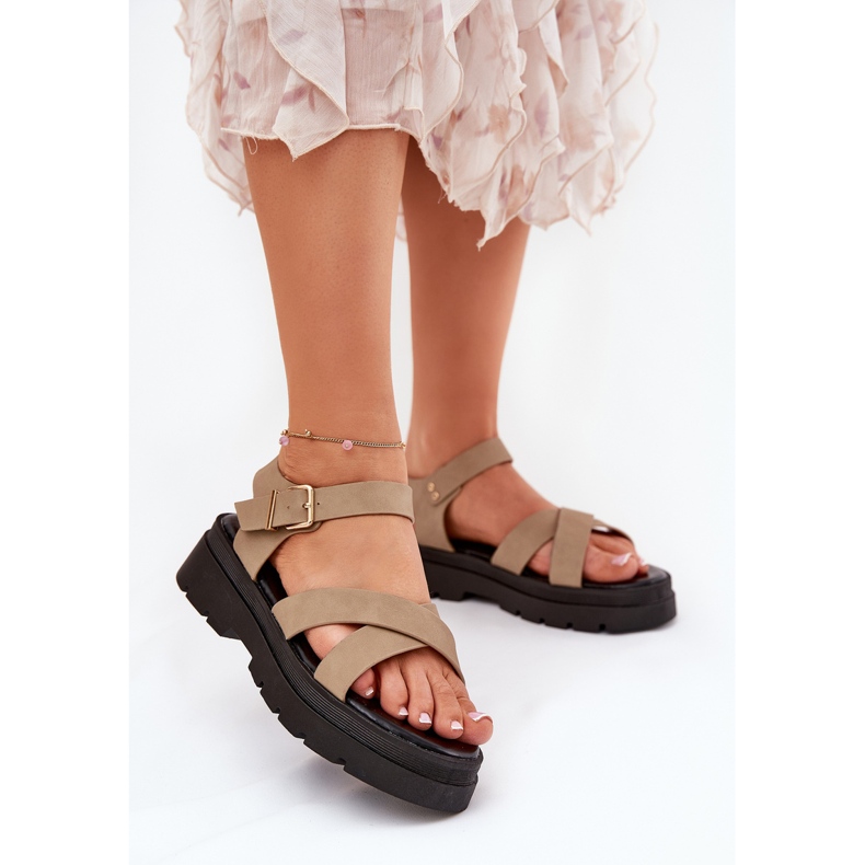 Sandali femminili su piattaforma in pelle Khaki Eco beige 2