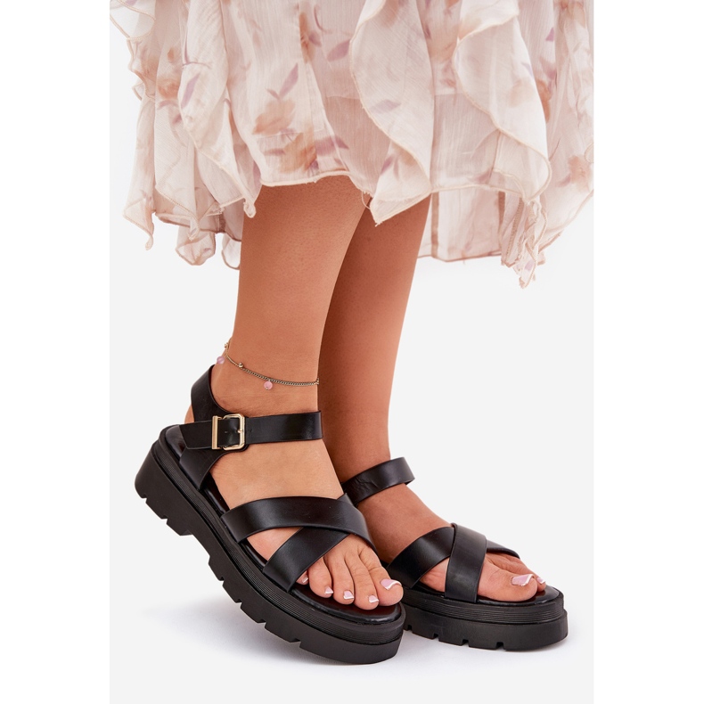 Sandali da donna sulla piattaforma con eco in pelle nera nero 1