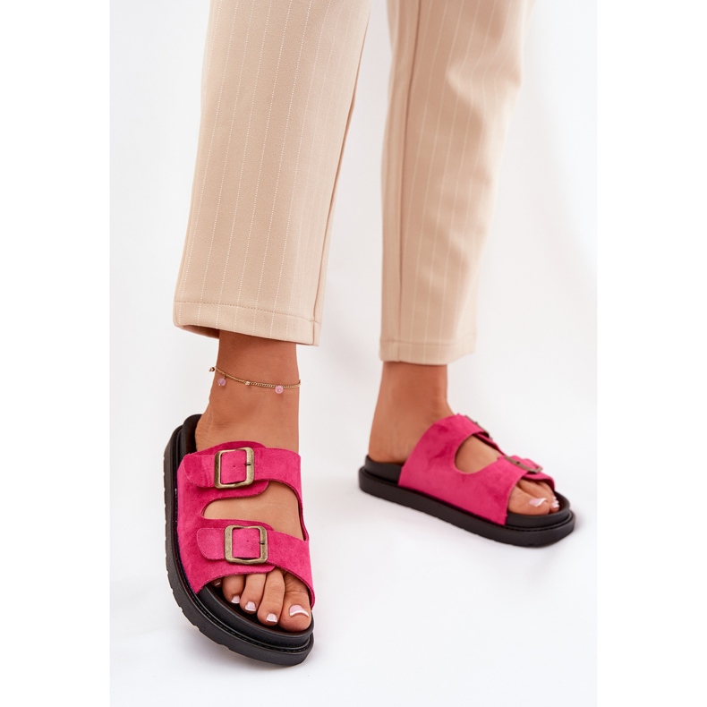 Infradito da donna sulla piattaforma con fibbie fucsia rosa 2