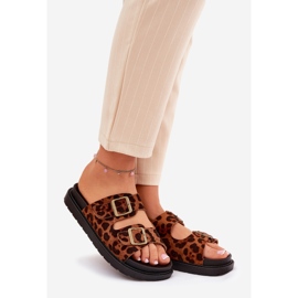 Pantofole da donna con stampa leopardata sulla piattaforma con fibbie marroni marrone 1