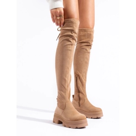 Stivali alti fino alla coscia da donna su piattaforma beige 2