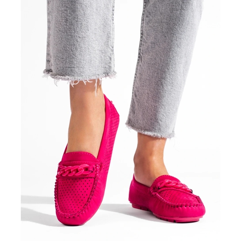 Mocassini Shelovet in camoscio traforato rosa da donna 1