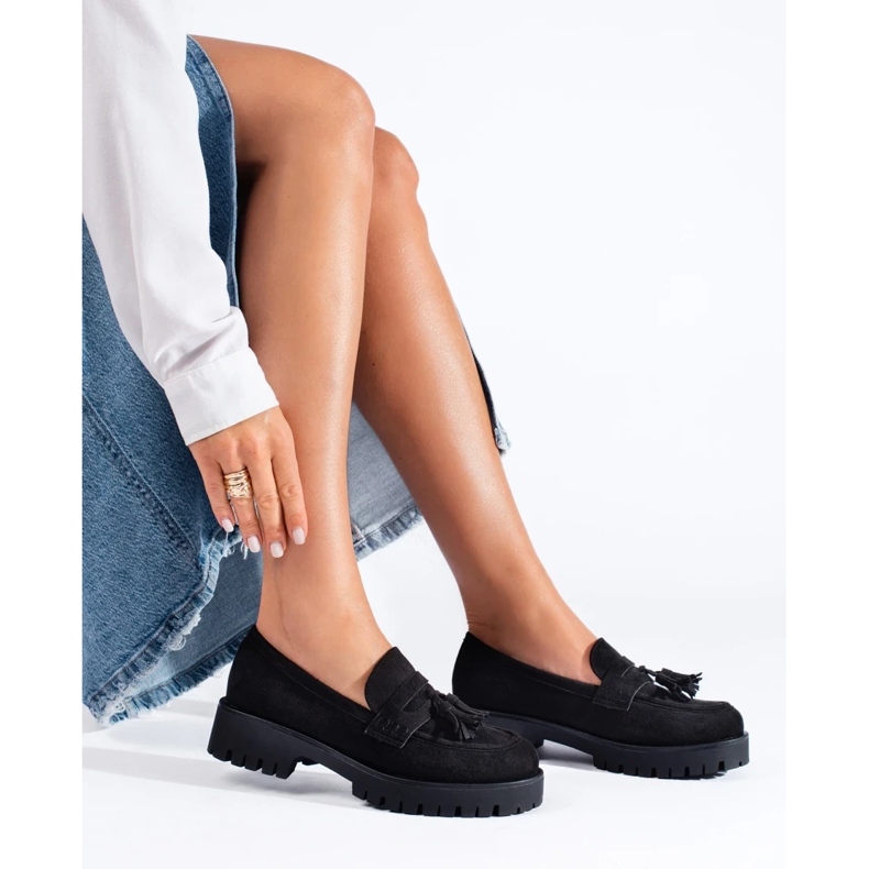 Mocassini Shelovet in camoscio nero con frange 2