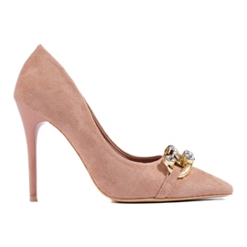 Scarpe con tacco rosa in camoscio con catena di Vinceza 2
