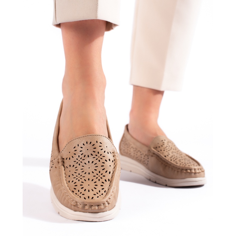 Mocassini traforati da donna, colore beige scuro 2