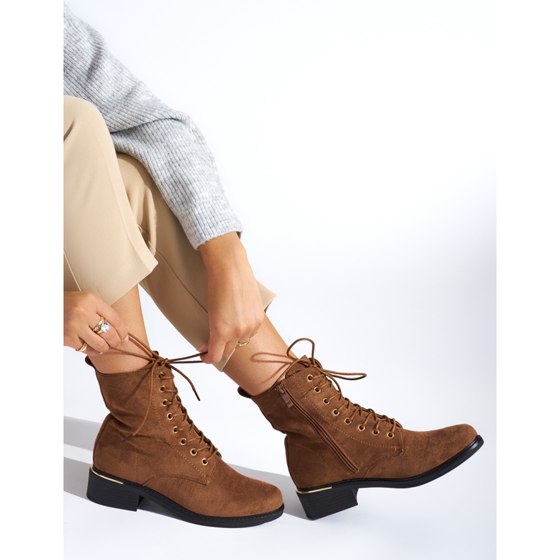 Stivaletti stringati da donna marroni con tacco basso marrone 2
