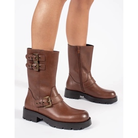 Stivaletti da donna in pelle marrone con plateau decorati con strisce Sergio Leone 1