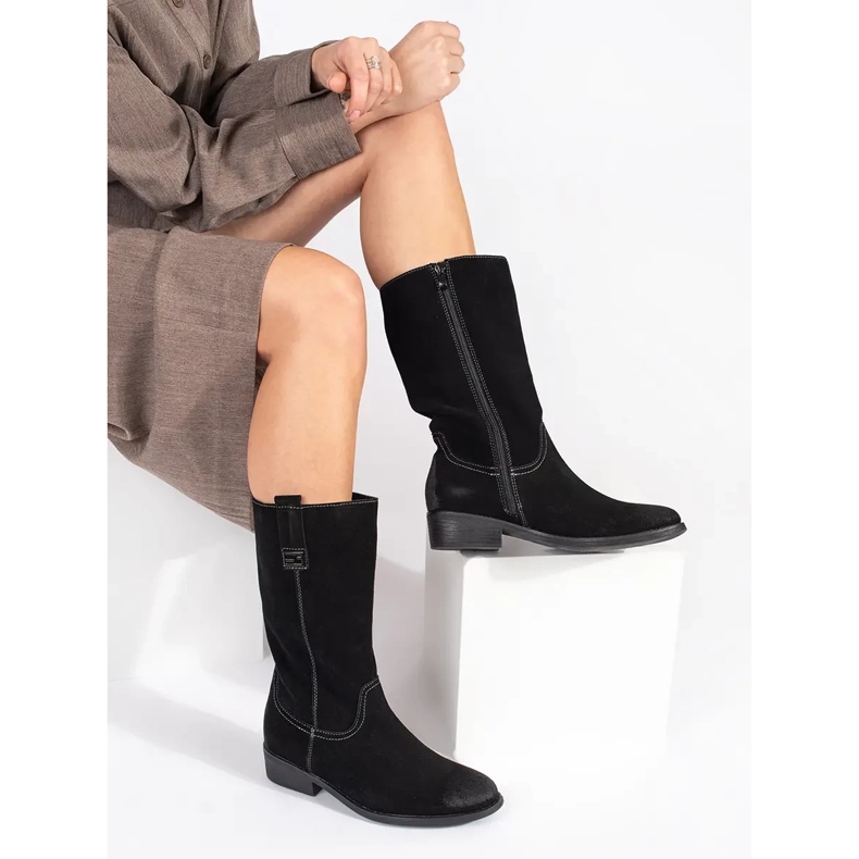 Stivali texani da donna in pelle nera con tacco alto Sergio Leone nero 1