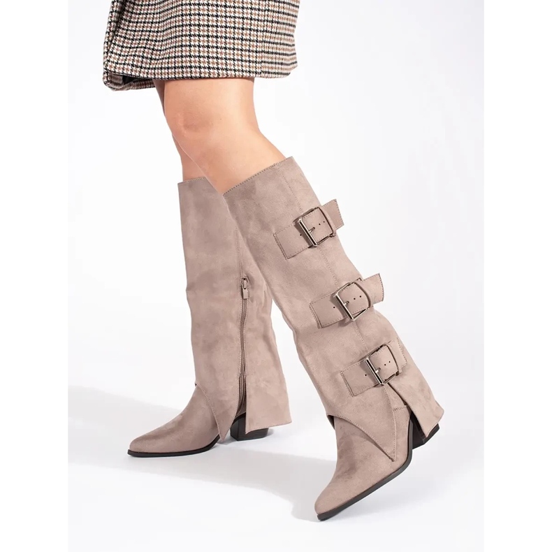 Seastar Stivali da donna con tacco alto in camoscio beige con fibbie 2