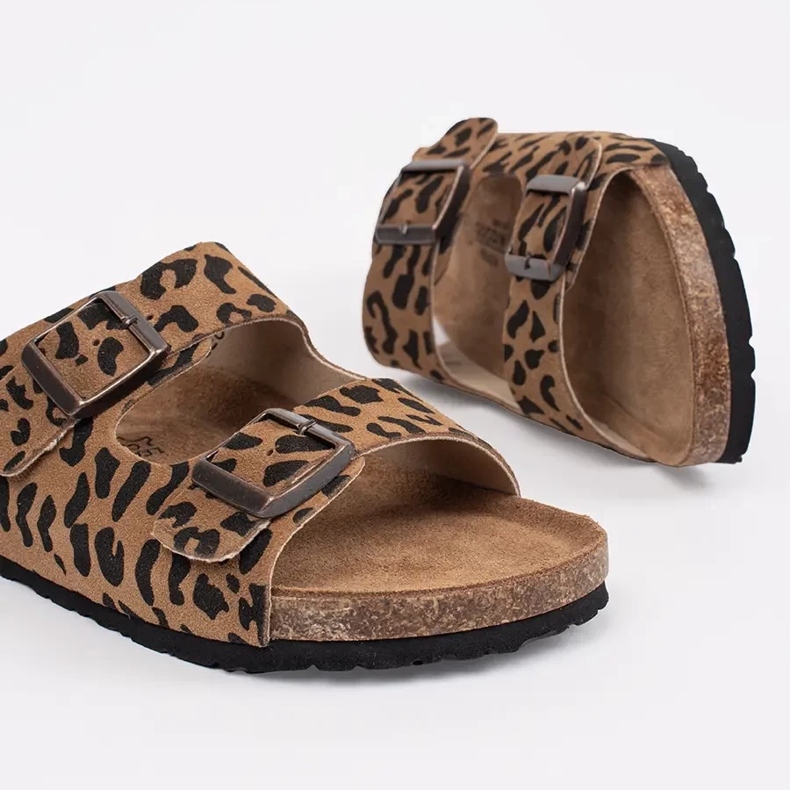Goodin Pantofole in pelle da donna con stampa leopardata marrone 1