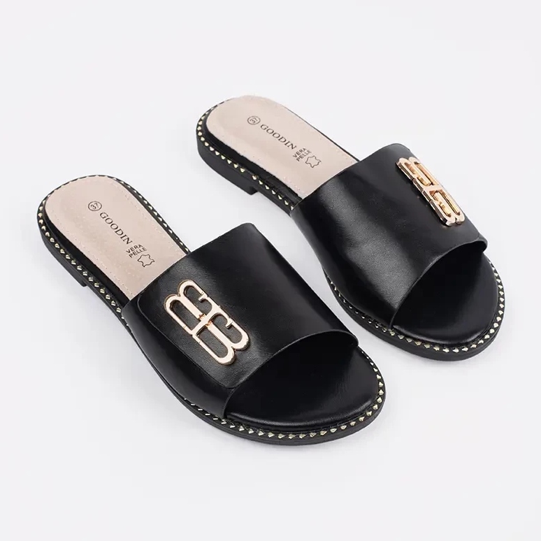 Goodin Le pantofole delle donne nere su una suola piatta con un ornamento nero 1