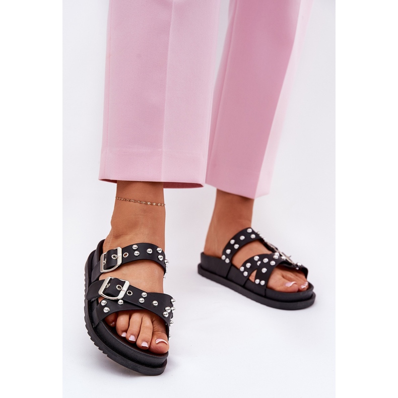Pantofole da donna con borchie e fibbie nere nero 2