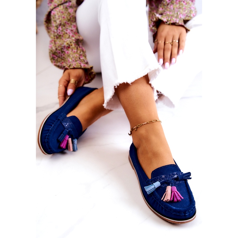 Evento Mocassini da donna in camoscio con frange Laressa blu navy 1