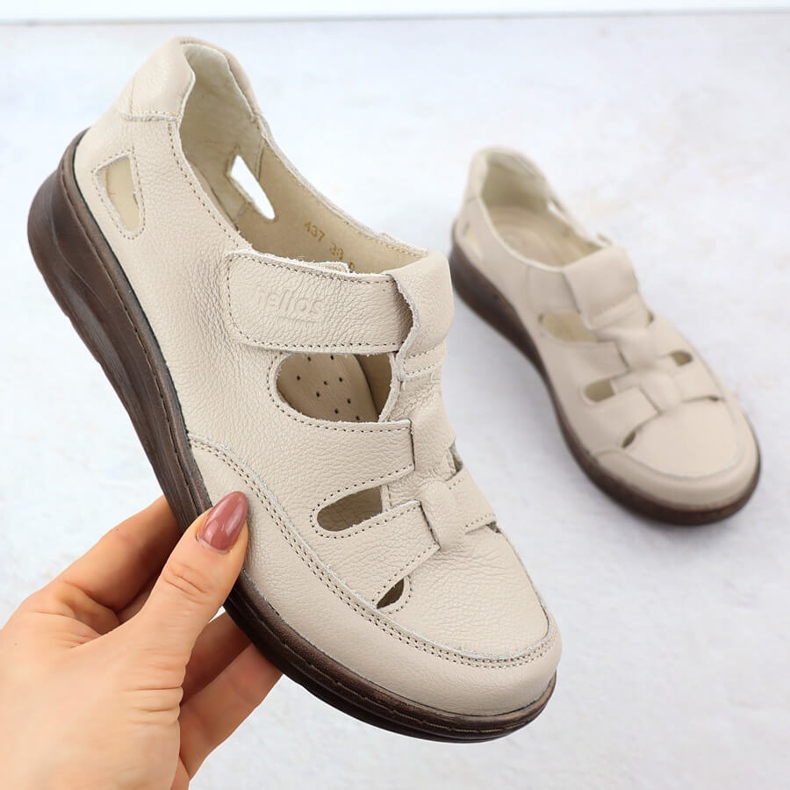 Scarpe in pelle da donna sul velcro Ecru Helios 437 Velcro beige 1