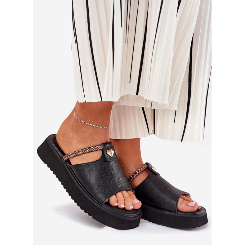 S.Barski Slifori di pelle da donna sulla piattaforma con una cintura decorativa D&amp;A MK51-475 NERO 1