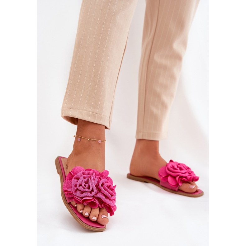 Flip da donna a ruote piatte con fiori di fucsia decorativi rosa 1