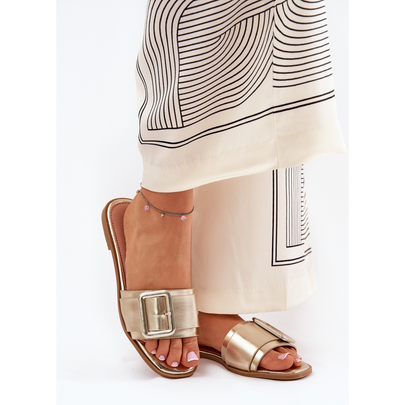 Pantofole da donna in pelle eco piatta con fibbia dorata d'oro 2
