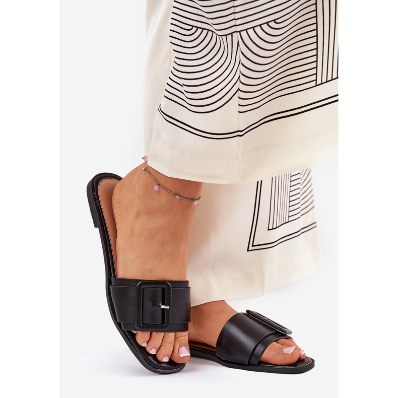 Pantofole da donna in pelle eco piatta con fibbia nera nero 1