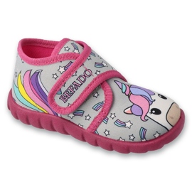 Pantofole per bambini Befado con velcro, rosa 465P168, unicorno grigio 1