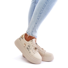 Vinceza Sneaker in pelle da donna sulla piattaforma con spille e iscrizione Vincez 89102 beige 2