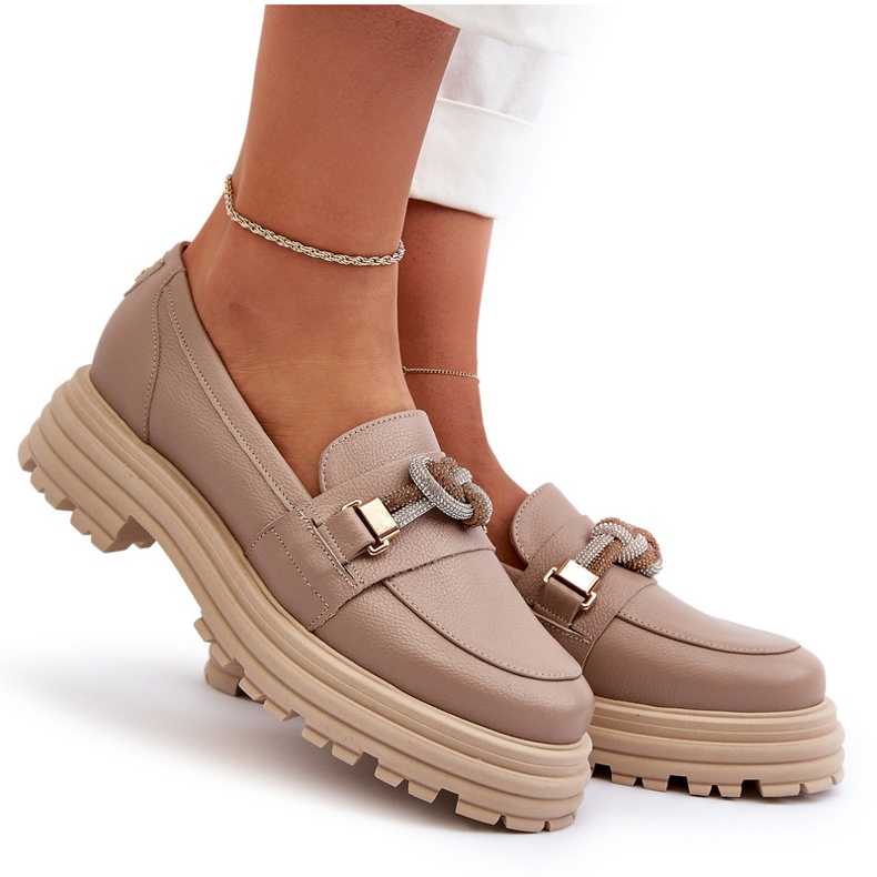 Mocassini in pelle femminile con un ornamento di Laura Messi 2780 Dark Beige 4