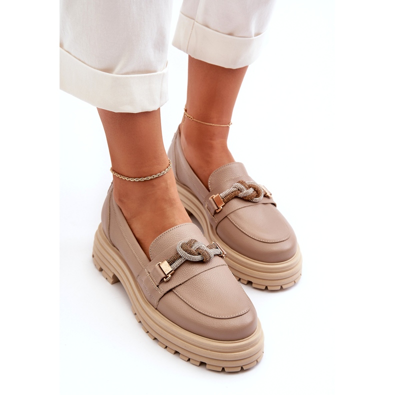Mocassini in pelle femminile con un ornamento di Laura Messi 2780 Dark Beige 3