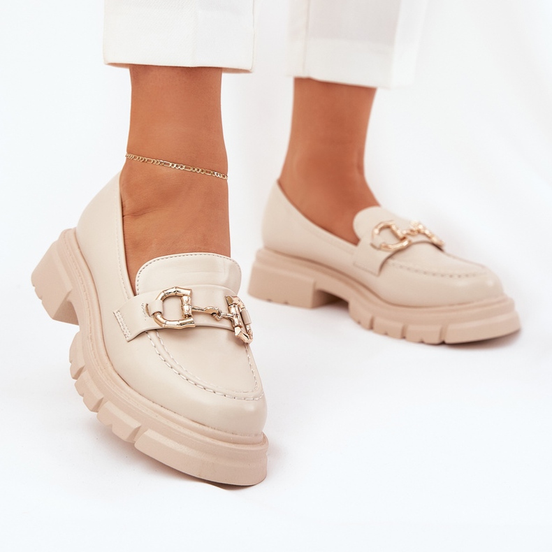 Mocassini da donna in pelle Eco con beige di dettaglio dorato 2