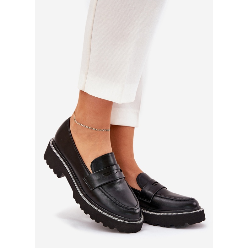 Mocassini da donna in pelle Eco con zirconi neri nero 1