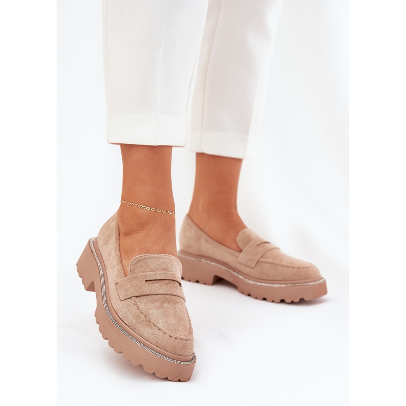 Eco -mocassine femminili con zirconi kaki beige 2
