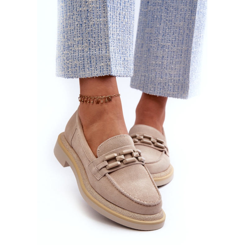 S.Barski Mocassini in pelle con tacco piatto da donna con decorazione tw101 beige leggero 2