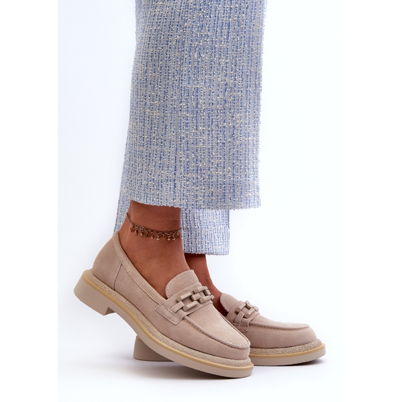 S.Barski Mocassini in pelle con tacco piatto da donna con decorazione tw101 beige leggero 1