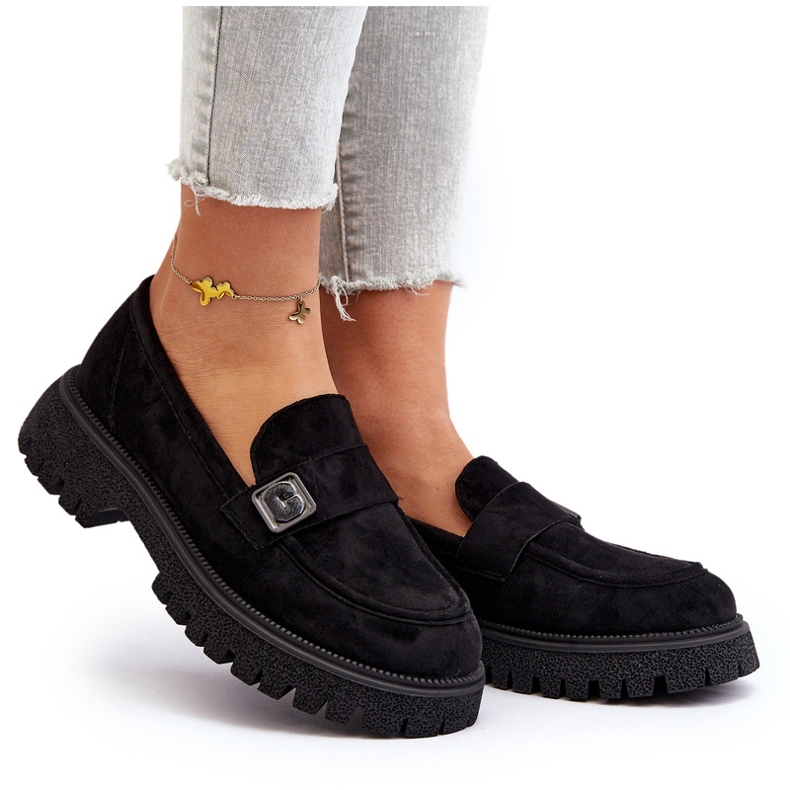 Vinceza Mocassini neri eco-elendari femminili con una cintura decorativa e un inserto in pelle nero 4