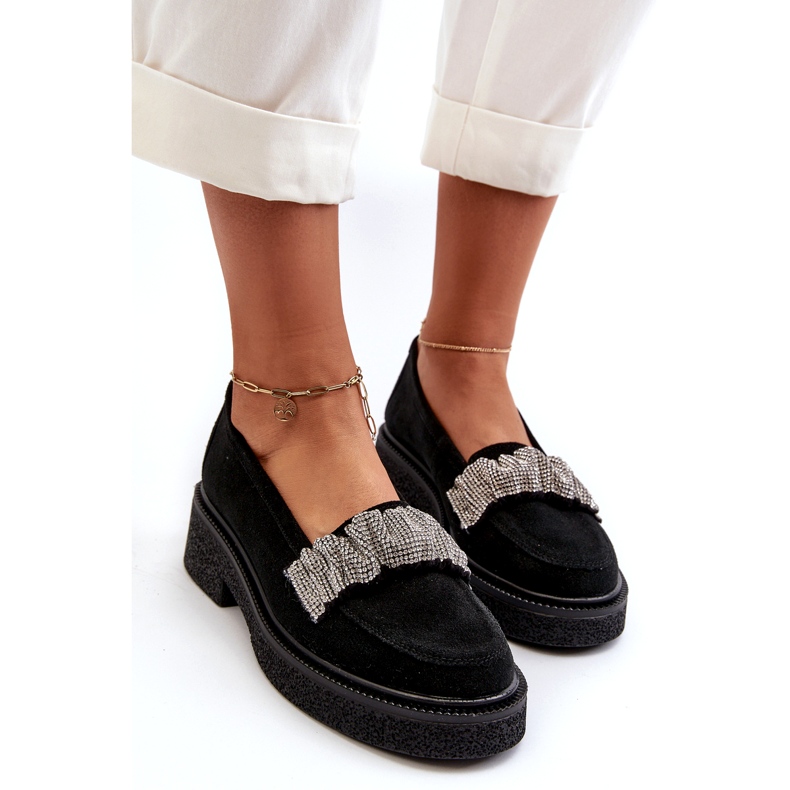 Zazoo 3419 Mococcasin in pelle scamosciata da donna con una cintura decorativa cinghia nera nero 3