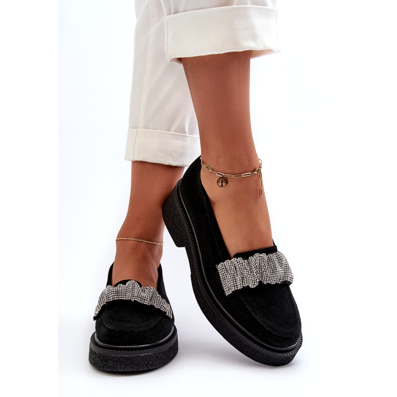 Zazoo 3419 Mococcasin in pelle scamosciata da donna con una cintura decorativa cinghia nera nero 2