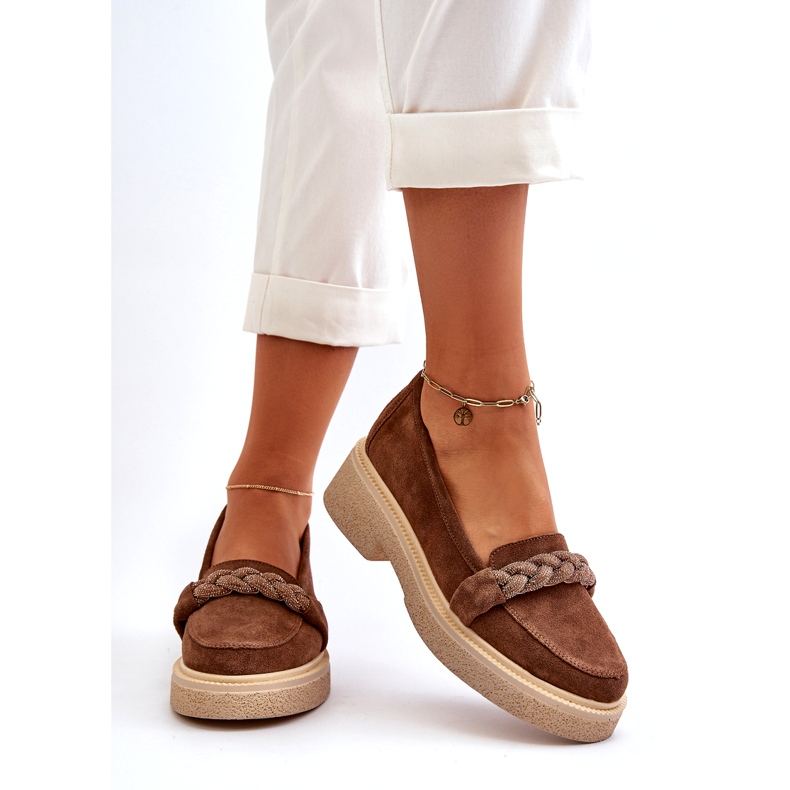 Mocassini da donna in camoscio con decorazione Zazoo 3429/W, Marrone 3