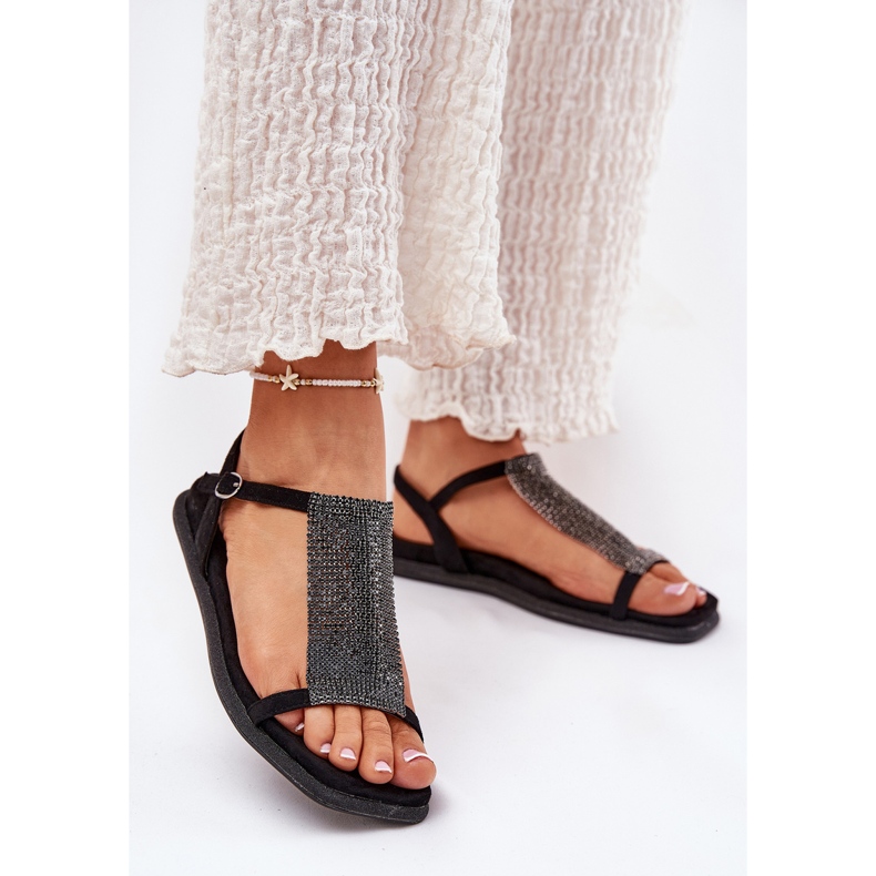 Sandali femminili eleganti piatti con artiker 56c1370 cristalli neri nero 2