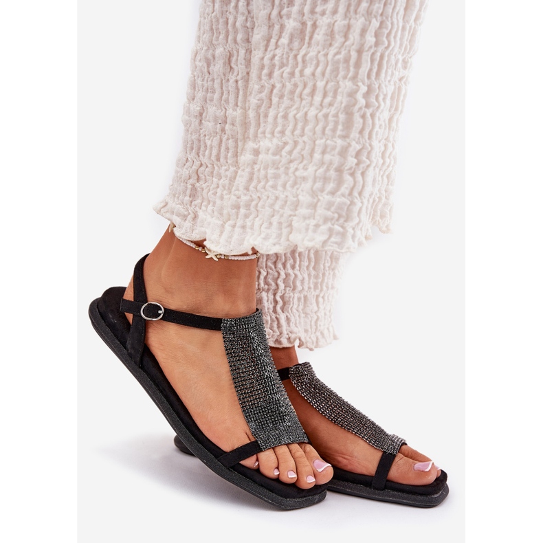 Sandali femminili eleganti piatti con artiker 56c1370 cristalli neri nero 1